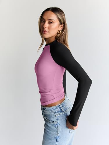 Trendy Queen Women's Long Sleeve Shirts Slim Fit Stretchy Color Block Slightly Cropped Tops