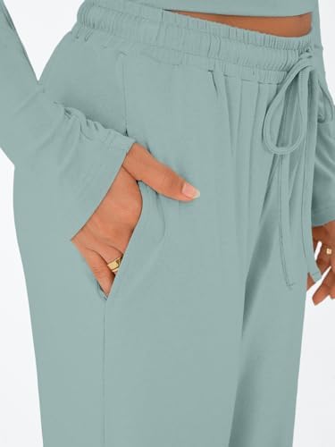 Trendy Queen Women's 2 Piece Matching Lounge Set Long Sleeve Slightly Crop Top Wide Leg Pants Casual Sweatsuit