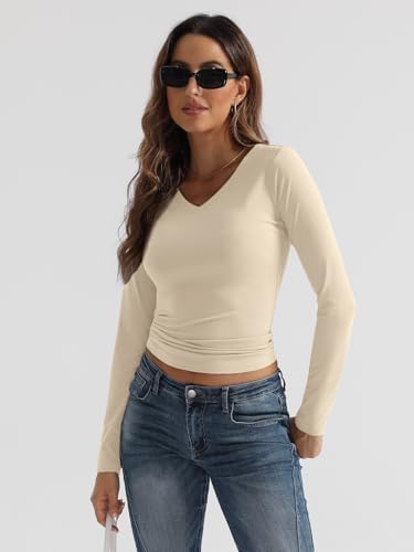 Trendy Queen Long Sleeve Shirts for Women 2025 Fall Fashion V Neck Basics Crop Tops Slim Fitted Y2K Tops Outfits Clothes