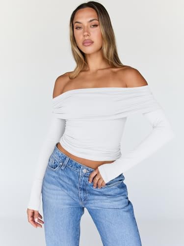 Trendy Queen Women Long Sleeve Shirts Off Shoulder Tops Going Out Crop Sexy Slim Fitted Y2K Fall Outfits 2025 Fashion Clothes