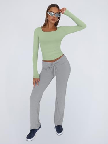 Trendy Queen Womens Long Sleeve Shirts Crop Tops Fall Fashion 2025 Square Neck Going Out Basics Tees Y2k Clothes