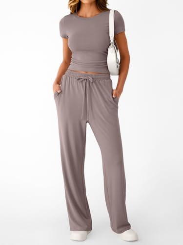 Trendy Queen 2 Piece Matching Summer Sweatsuit Lounge Set Womens Wide Leg Pants Side Ruching Crop Top Sets