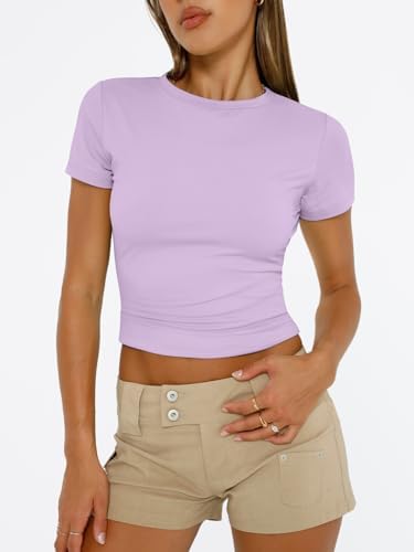 Trendy Queen Womens Short Sleeve T Shirts Summer Crop Tops Basic Slim Fit Gym Workout Y2k Clothes