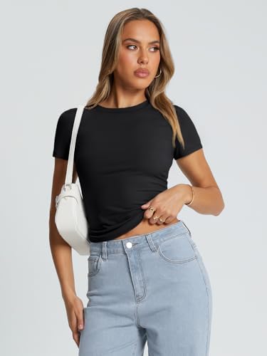 Trendy Queen Womens Basic T Shirts Summer Tops 2025 Crop Short Sleeve Slim Fit Tee Cute Gym Workout Clothes