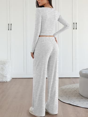 Trendy Queen 2 Piece Matching Lounge Sets for Women Fall Fashion 2025 Two Piece Outfits Henley Crop Tops Wide Leg Pants