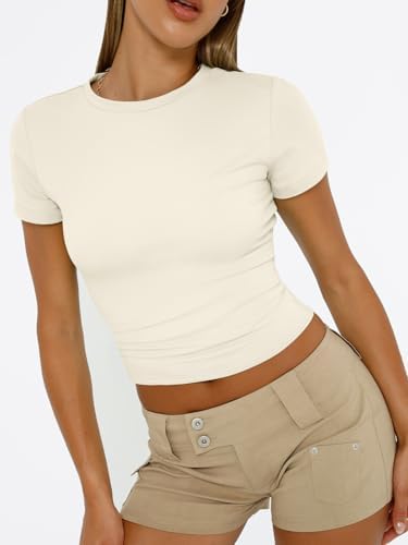 Trendy Queen Womens Short Sleeve T Shirts Summer Crop Tops Basic Slim Fit Gym Workout Y2k Clothes