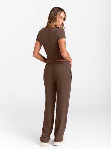 Trendy Queen 2 Piece Matching Summer Sweatsuit Lounge Set Womens Wide Leg Pants Side Ruching Crop Top Sets