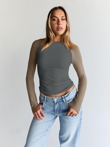 Trendy Queen Women's Long Sleeve Shirts Slim Fit Stretchy Color Block Slightly Cropped Tops