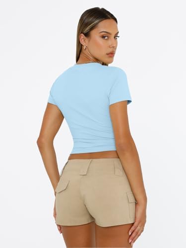 Trendy Queen Womens Short Sleeve T Shirts Summer Crop Tops Basic Slim Fit Gym Workout Y2k Clothes