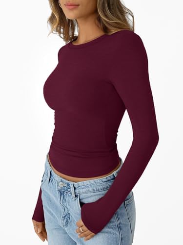 Trendy Queen Womens Long Sleeve T-Shirts Basic Crop Tops 2025 Fall Fashion Outfits Going Out Winter Clothes