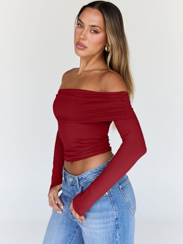 Trendy Queen Women Long Sleeve Shirts Off Shoulder Tops Going Out Crop Sexy Slim Fitted Y2K Fall Outfits 2025 Fashion Clothes