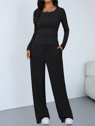 Trendy Queen Women's 2 Piece Matching Lounge Sets Long Sleeve Henley Neck Slightly Crop Top Wide Leg Pants Casual Sweat Suit
