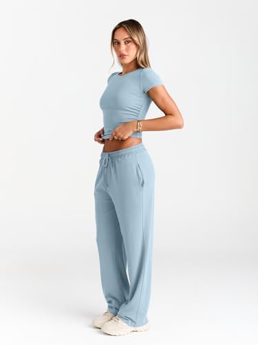 Trendy Queen 2 Piece Matching Summer Sweatsuit Lounge Set Womens Wide Leg Pants Side Ruching Crop Top Sets