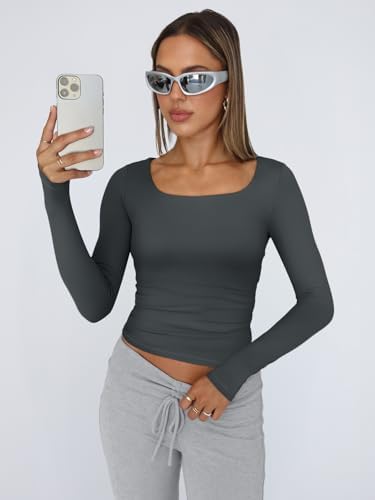 Trendy Queen Womens Long Sleeve Shirts Crop Tops Fall Fashion 2025 Square Neck Going Out Basics Tees Y2k Clothes