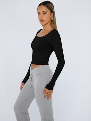 Trendy Queen Womens Long Sleeve Shirts Crop Tops Fall Fashion 2025 Square Neck Going Out Basics Tees Y2k Clothes