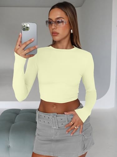 Trendy Queen Womens Long Sleeve Crop Tops Basic Slim Fitted Shirts Fashion 2025 Going Out Y2k Tops Teen Girl Clothes