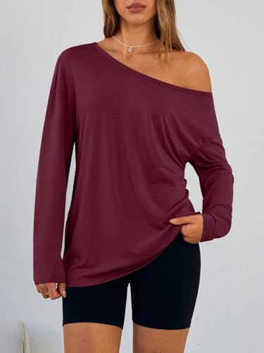 Trendy Queen Womens Off The Shoulder Tops Oversized Tshirts Long Sleeve 2025 Casual Basic Tees