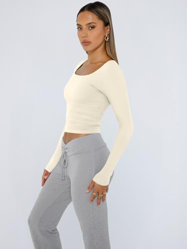 Trendy Queen Womens Long Sleeve Shirts Crop Tops Fall Fashion 2025 Square Neck Going Out Basics Tees Y2k Clothes