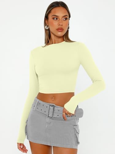 Trendy Queen Womens Long Sleeve Crop Tops Basic Slim Fitted Shirts Fashion 2025 Going Out Y2k Tops Teen Girl Clothes