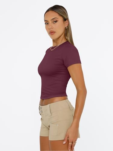 Trendy Queen Womens Short Sleeve T Shirts Summer Crop Tops Basic Slim Fit Gym Workout Y2k Clothes