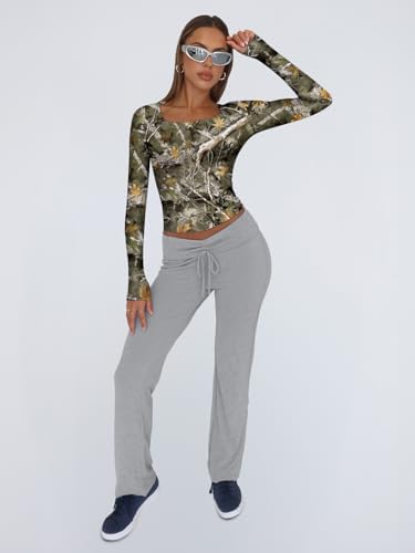 Trendy Queen Womens Long Sleeve Shirts Crop Tops Fall Fashion 2025 Square Neck Going Out Basics Tees Y2k Clothes