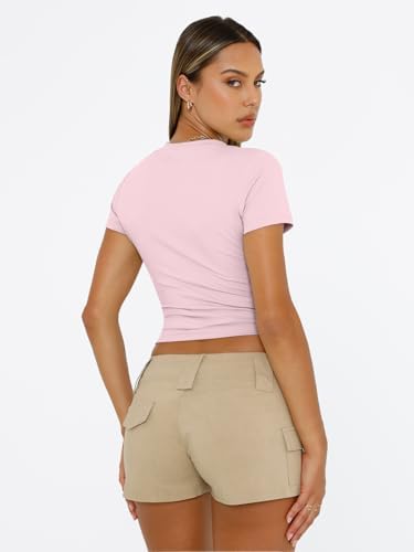Trendy Queen Womens Short Sleeve T Shirts Summer Crop Tops Basic Slim Fit Gym Workout Y2k Clothes