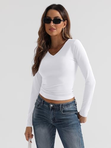 Trendy Queen Long Sleeve Shirts for Women 2025 Fall Fashion V Neck Basics Crop Tops Slim Fitted Y2K Tops Outfits Clothes