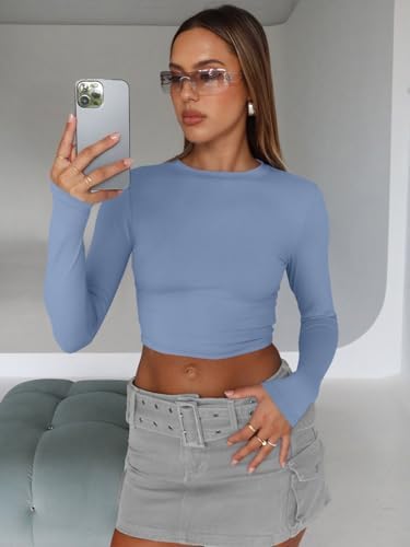 Trendy Queen Womens Long Sleeve Crop Tops Basic Slim Fitted Shirts Fashion 2025 Going Out Y2k Tops Teen Girl Clothes