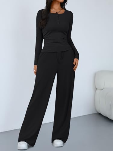 Trendy Queen Women's 2 Piece Matching Lounge Sets Long Sleeve Henley Neck Slightly Crop Top Wide Leg Pants Casual Sweat Suit