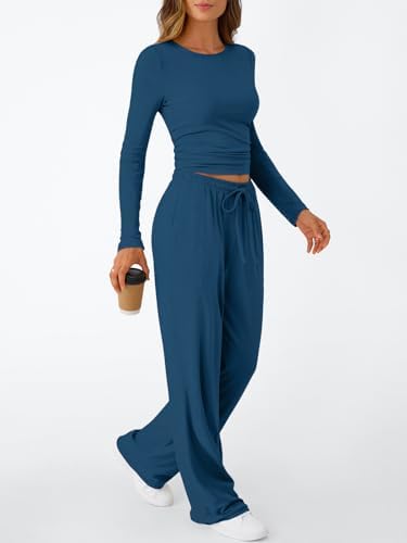 Trendy Queen Women's 2 Piece Matching Lounge Set Long Sleeve Slightly Crop Top Wide Leg Pants Casual Sweatsuit