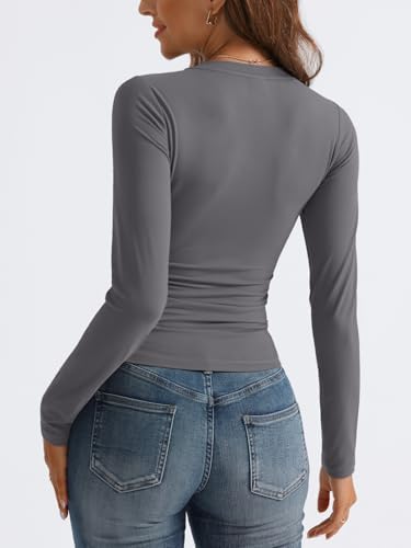 Trendy Queen Long Sleeve Shirts for Women 2025 Fall Fashion V Neck Basics Crop Tops Slim Fitted Y2K Tops Outfits Clothes