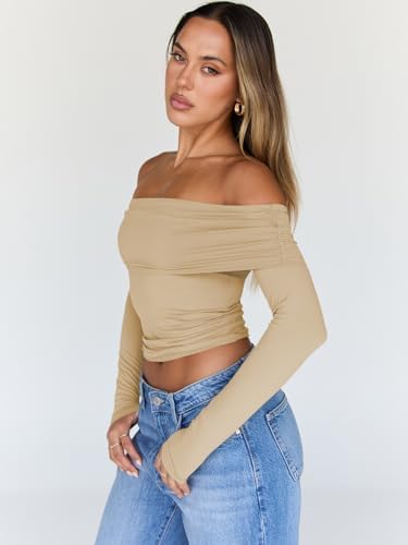 Trendy Queen Women Long Sleeve Shirts Off Shoulder Tops Going Out Crop Sexy Slim Fitted Y2K Fall Outfits 2025 Fashion Clothes
