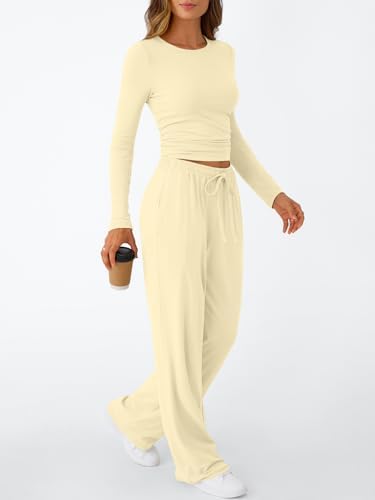Trendy Queen Women's 2 Piece Matching Lounge Set Long Sleeve Slightly Crop Top Wide Leg Pants Casual Sweatsuit