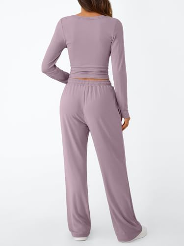 Trendy Queen Women's 2 Piece Matching Lounge Set Long Sleeve Slightly Crop Top Wide Leg Pants Casual Sweatsuit