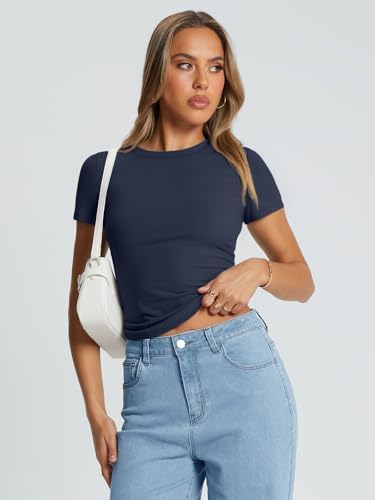 Trendy Queen Womens Basic T Shirts Summer Tops 2025 Crop Short Sleeve Slim Fit Tee Cute Gym Workout Clothes