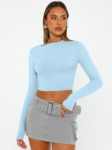 Trendy Queen Womens Long Sleeve Crop Tops Basic Slim Fitted Shirts Fashion 2025 Going Out Y2k Tops Teen Girl Clothes