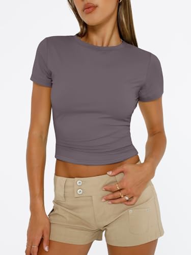 Trendy Queen Womens Short Sleeve T Shirts Summer Crop Tops Basic Slim Fit Gym Workout Y2k Clothes