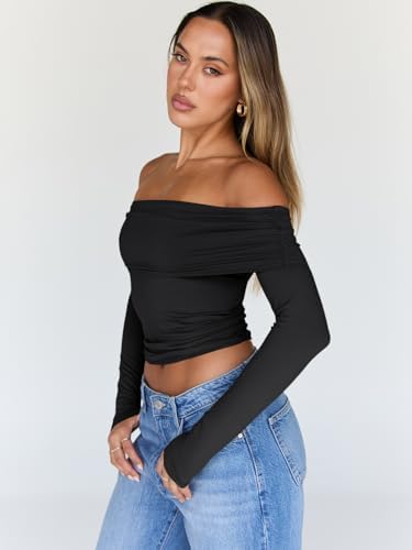 Trendy Queen Women Long Sleeve Shirts Off Shoulder Tops Going Out Crop Sexy Slim Fitted Y2K Fall Outfits 2025 Fashion Clothes