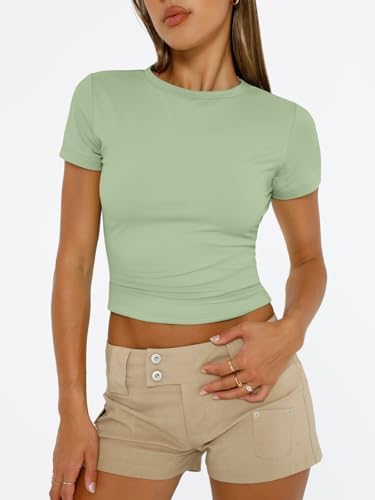 Trendy Queen Womens Short Sleeve T Shirts Summer Crop Tops Basic Slim Fit Gym Workout Y2k Clothes