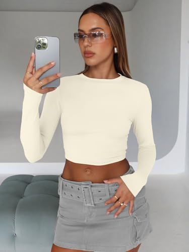 Trendy Queen Womens Long Sleeve Crop Tops Basic Slim Fitted Shirts Fashion 2025 Going Out Y2k Tops Teen Girl Clothes