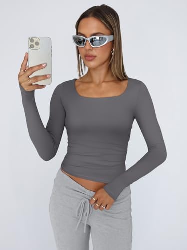 Trendy Queen Womens Long Sleeve Shirts Crop Tops Fall Fashion 2025 Square Neck Going Out Basics Tees Y2k Clothes