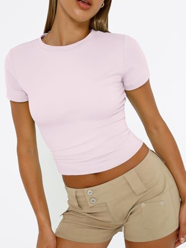 Trendy Queen Womens Short Sleeve T Shirts Summer Crop Tops Basic Slim Fit Gym Workout Y2k Clothes