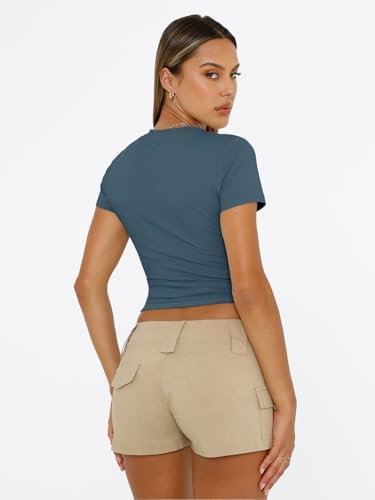 Trendy Queen Womens Short Sleeve T Shirts Summer Crop Tops Basic Slim Fit Gym Workout Y2k Clothes