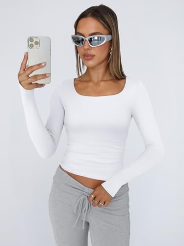 Trendy Queen Womens Long Sleeve Shirts Crop Tops Fall Fashion 2025 Square Neck Going Out Basics Tees Y2k Clothes