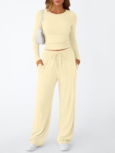 Trendy Queen Women's 2 Piece Matching Lounge Set Long Sleeve Slightly Crop Top Wide Leg Pants Casual Sweatsuit