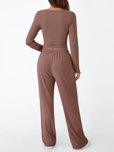 Trendy Queen Women's 2 Piece Matching Lounge Set Long Sleeve Slightly Crop Top Wide Leg Pants Casual Sweatsuit