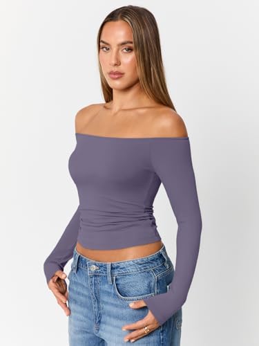 Trendy Queen Womens Long Sleeve Off The Shoulder Tops Going Out Cute Basic Y2K Fall Fashion 2025 Outfits Clothes
