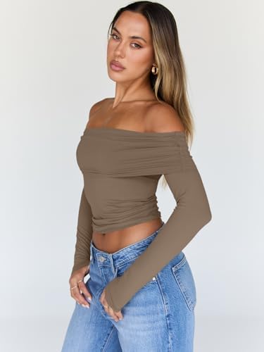 Trendy Queen Women Long Sleeve Shirts Off Shoulder Tops Going Out Crop Sexy Slim Fitted Y2K Fall Outfits 2025 Fashion Clothes