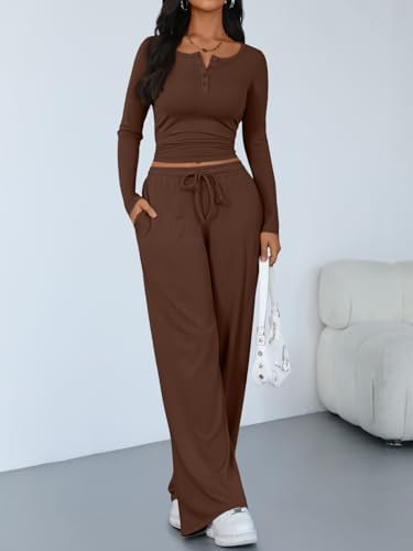 Trendy Queen Women's 2 Piece Matching Lounge Sets Long Sleeve Henley Neck Slightly Crop Top Wide Leg Pants Casual Sweat Suit