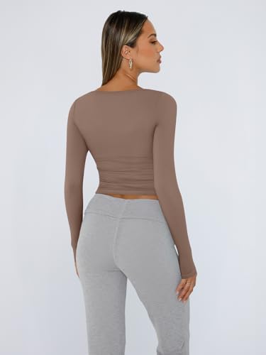 Trendy Queen Womens Long Sleeve Shirts Crop Tops Fall Fashion 2025 Square Neck Going Out Basics Tees Y2k Clothes